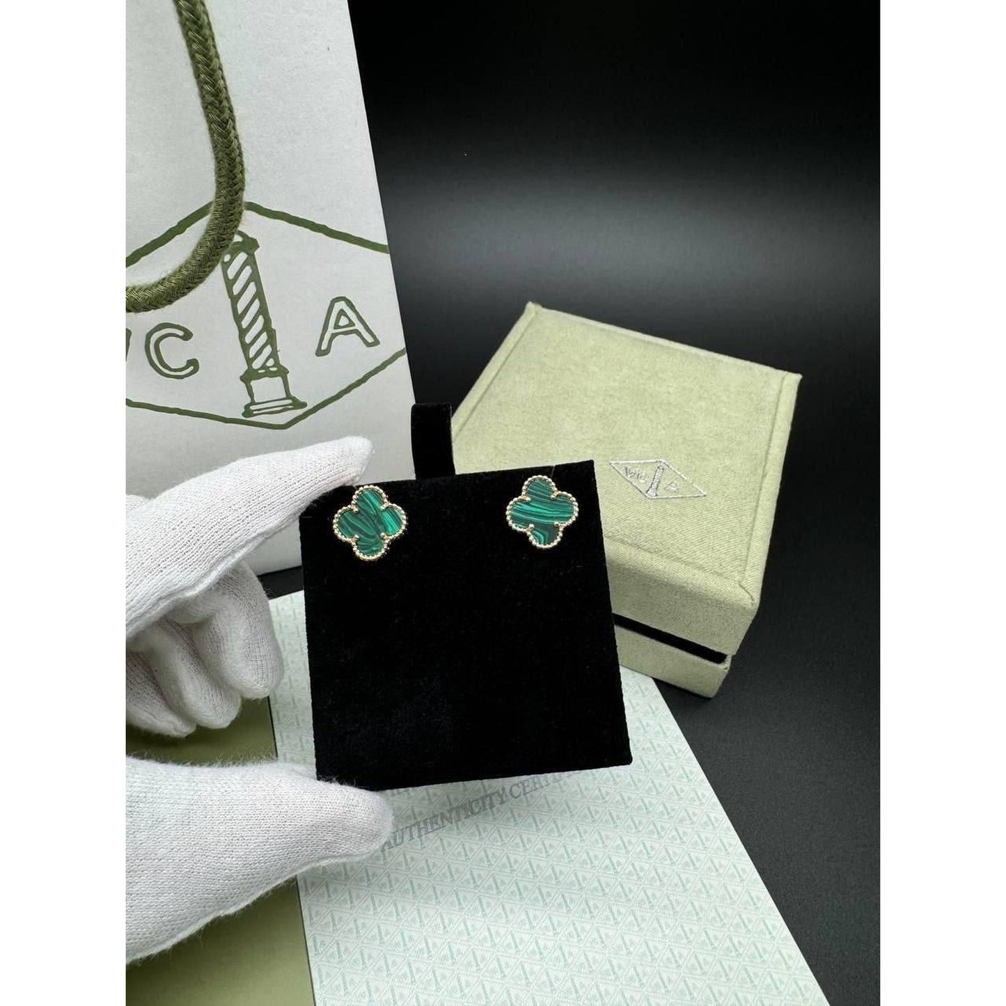 Silver Green V Cleef Earrings
