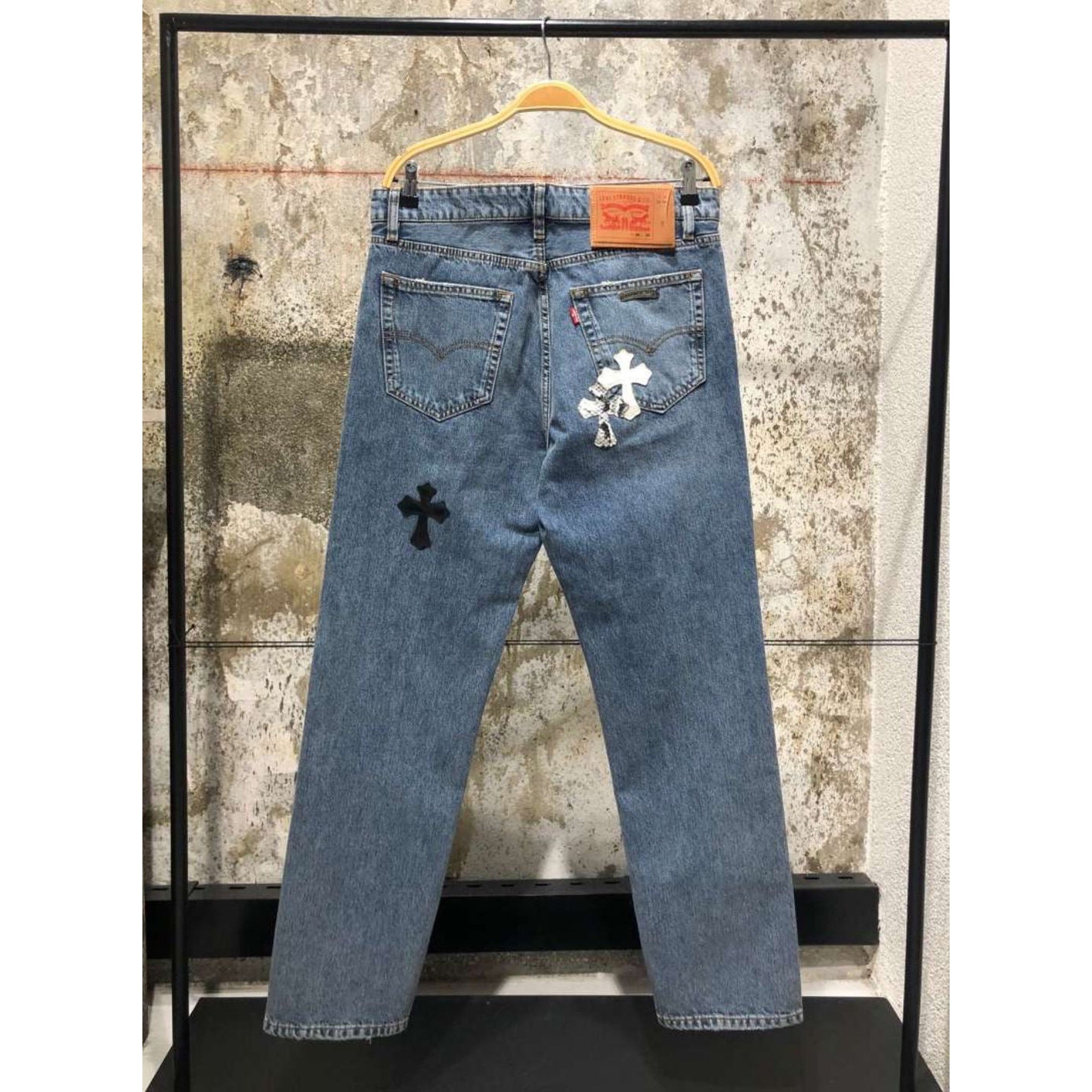 Limited Edition Blue Jeans with Leather Crosses