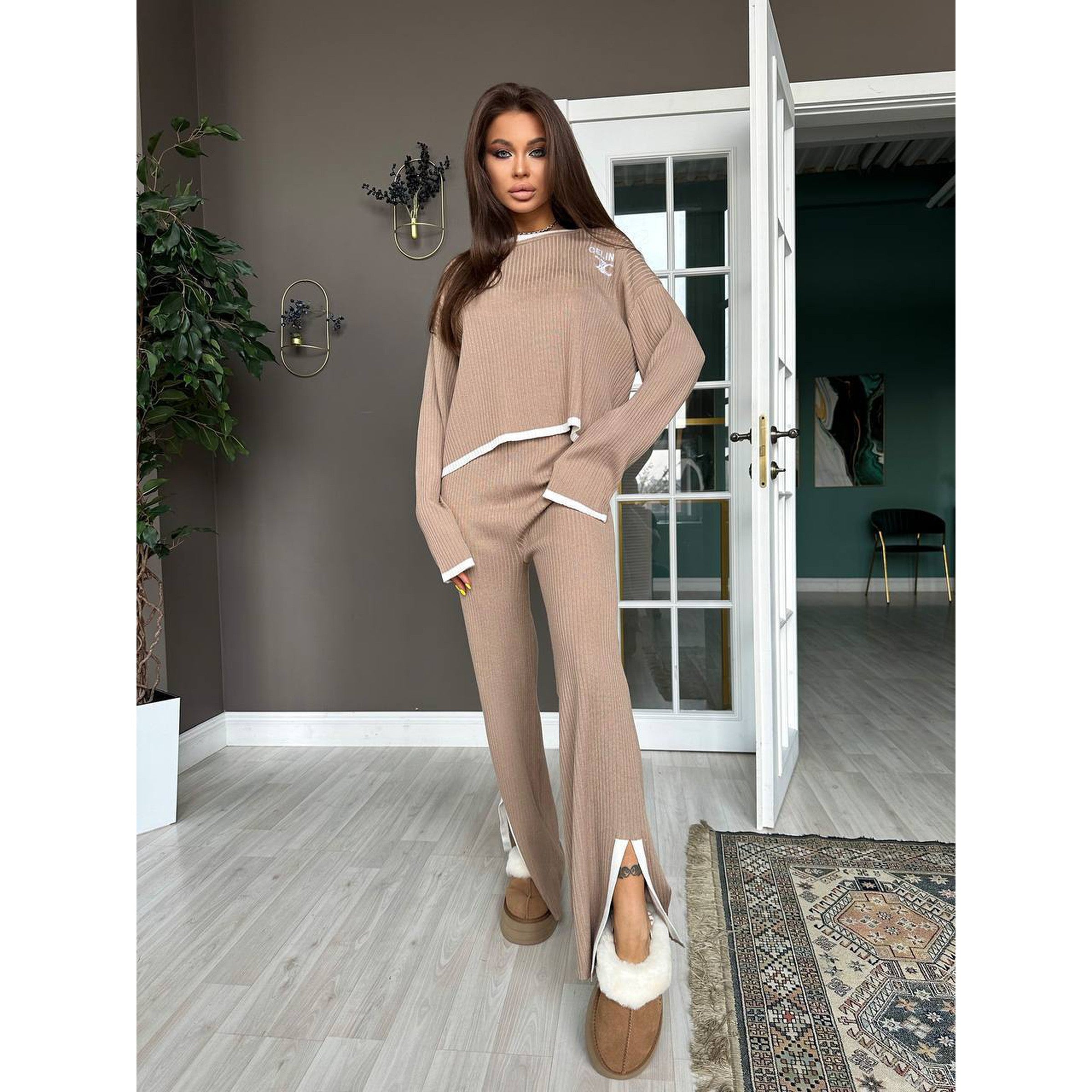 Beige 2 Pieces Women Knitted Set