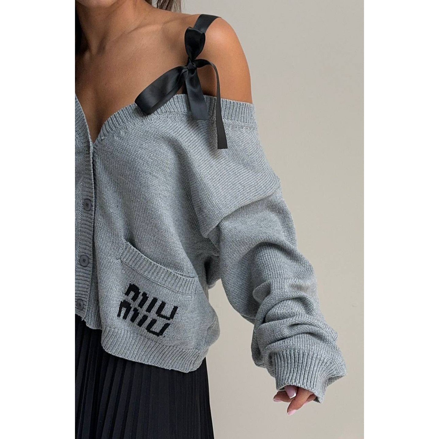 Grey Women Knitting Cardigan with Logo