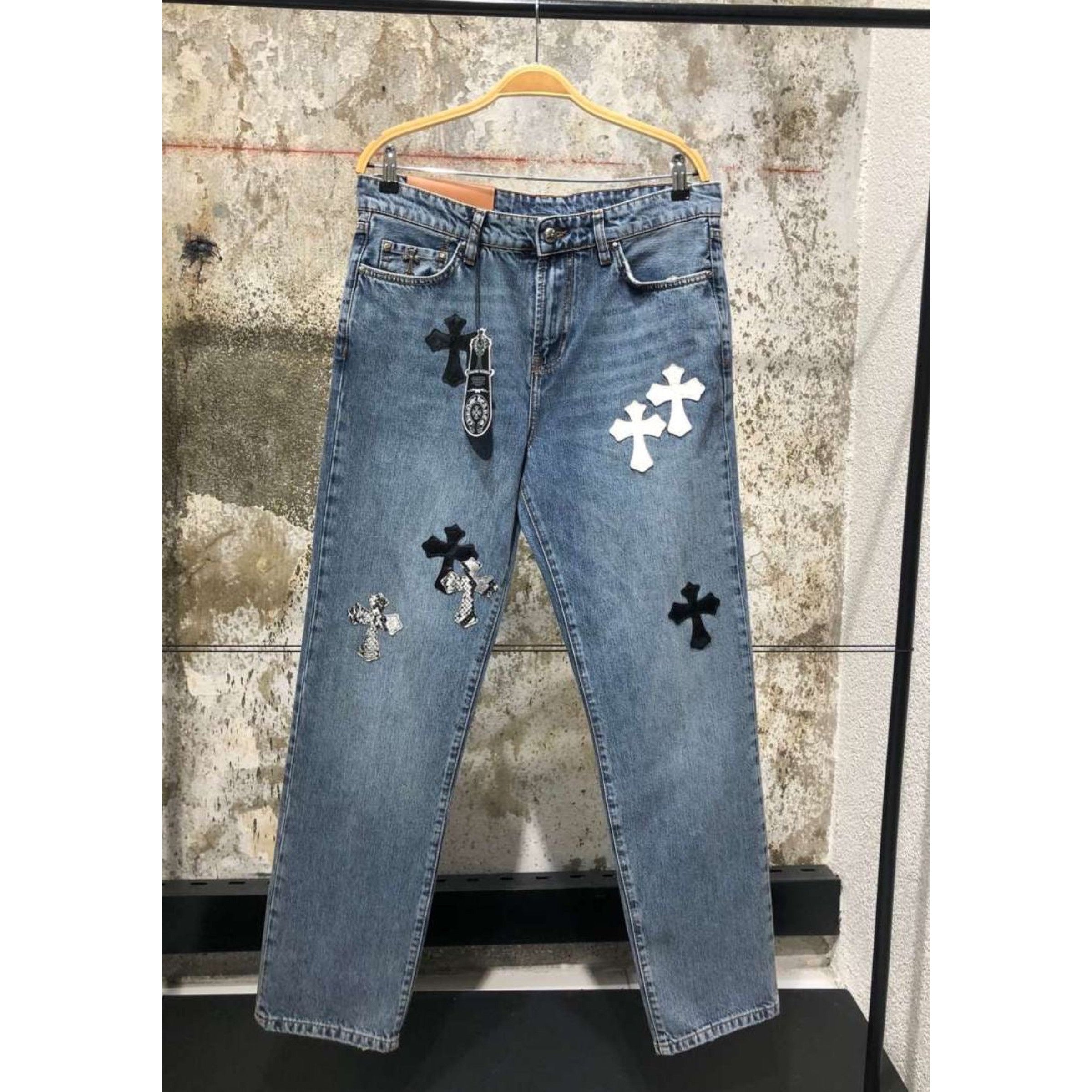 Limited Edition Blue Jeans with Leather Crosses