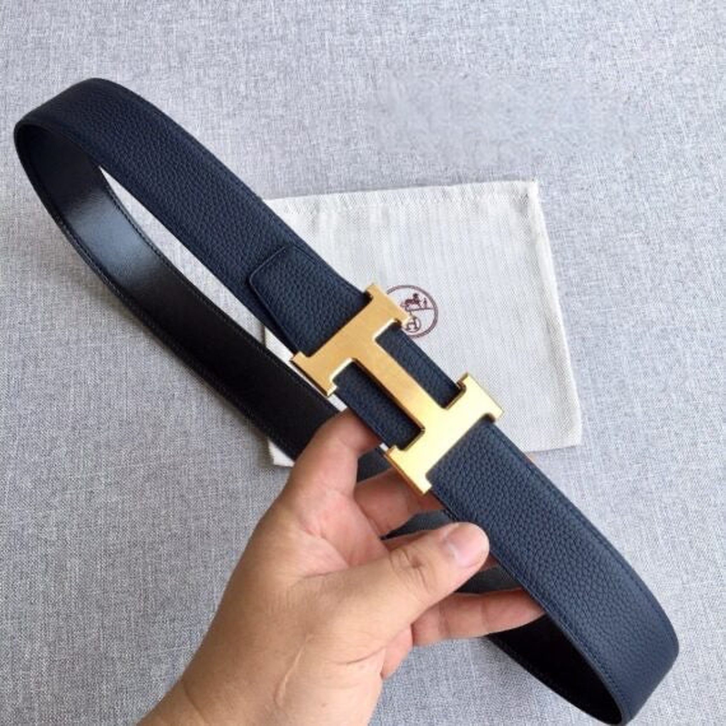 Dark Blue Leather Belt with Gold