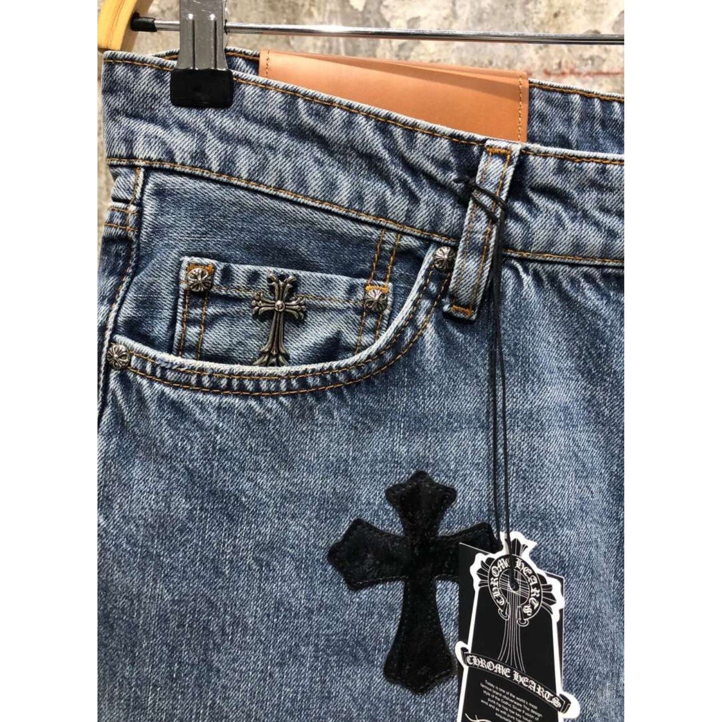 Limited Edition Blue Jeans with Leather Crosses