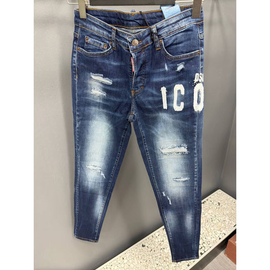 Blue Ripped Jeans with sprayed logo