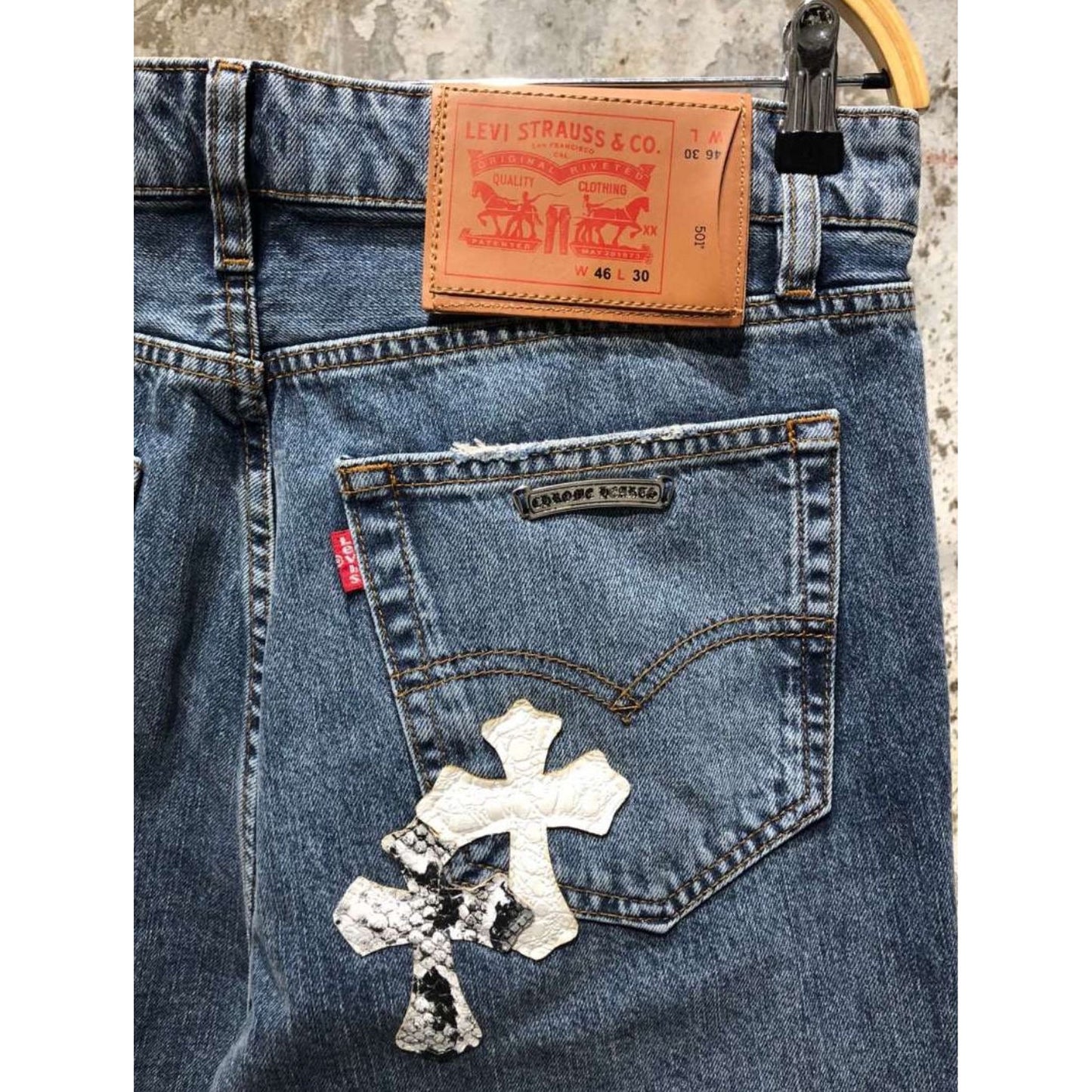 Limited Edition Blue Jeans with Leather Crosses