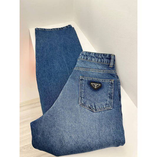 Blue Women High-Waisted Jeans with Logo