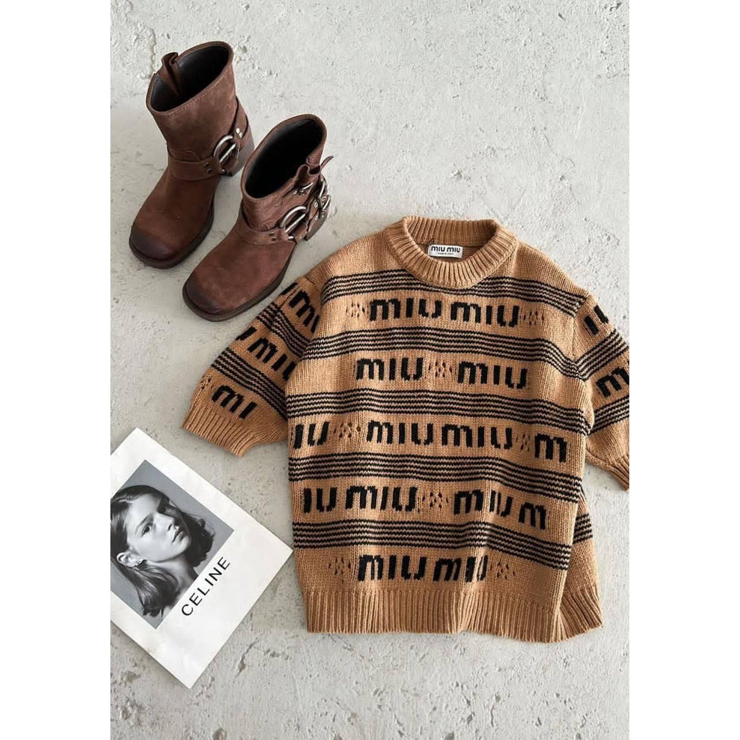 Brown Women Knitted Sweater with Short Sleeve